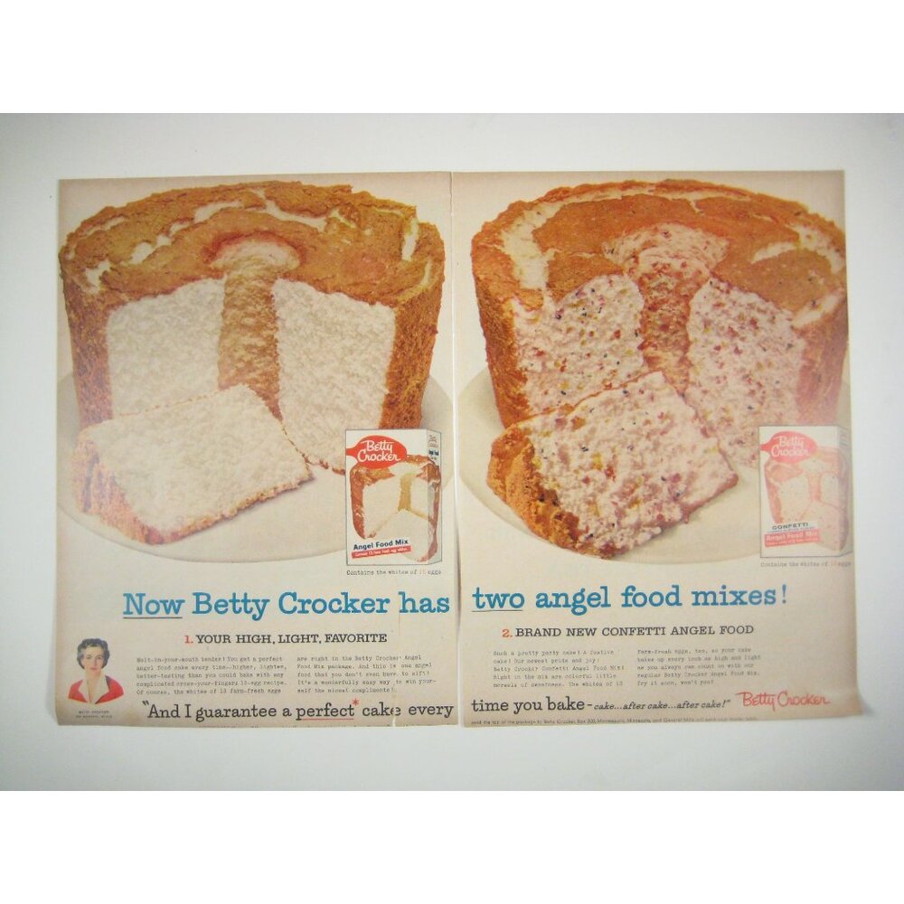 Betty Crocker Angel Food Mix Advert Cake 1956 Vintage Print Ad 2 Page Kitchen De